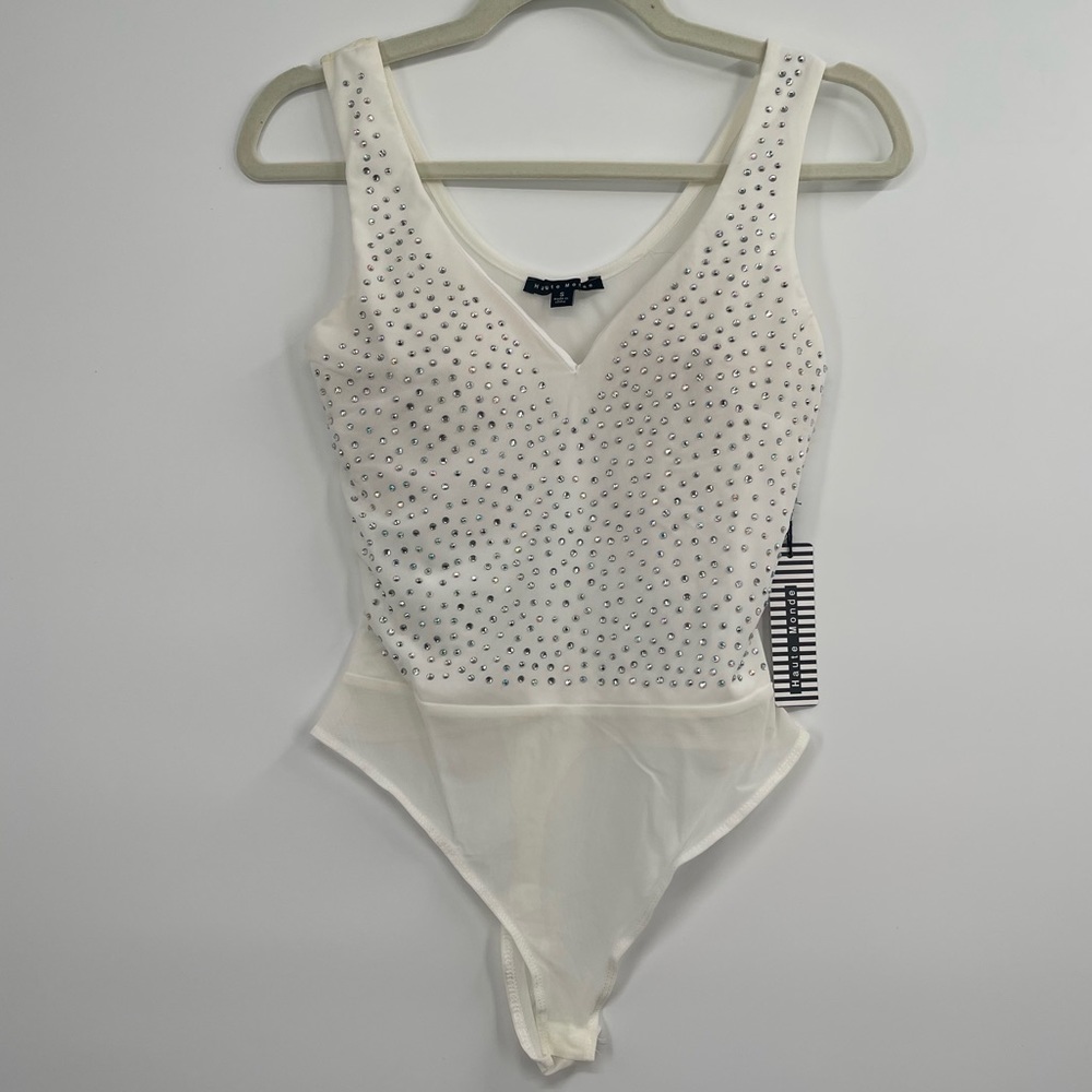 Haute Monde Rhinstone Studded White Mesh Bachelorette Bodysuit